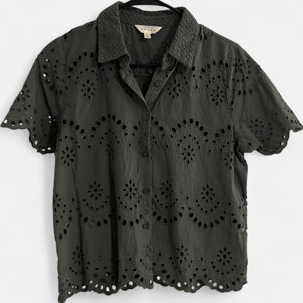 AVIDA Olive Green Embroidered Eyelet Short Sleeve Blouse